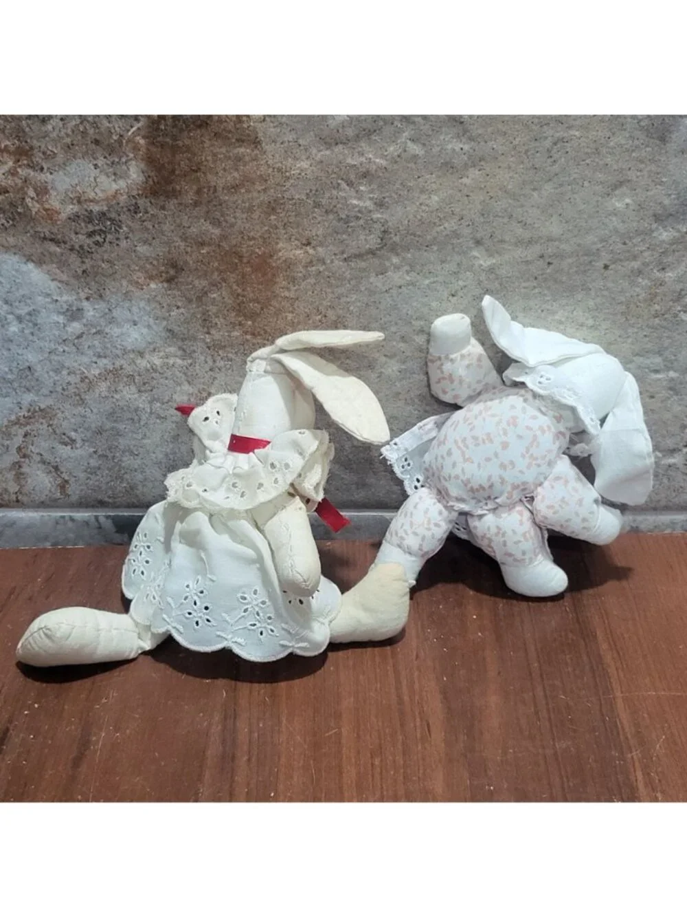 Vintage Country Muslin Cloth Bunny Rabbit Dolls Lot 2 Cottagecore Folk Art Lace